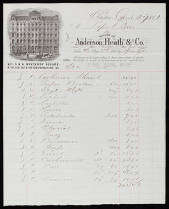 Billhead for Anderson, Heath & Co., Nos. 5 & 6 Winthrop Square & 141, 145, 147 & 149 Devonshire Street, Boston, Mass., dated April 27, 1871