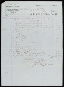 Billhead for James Paul & Co., Dr., upholsterers and interior decorators, 354 Washington Street, Boston, Mass., dated February 20, 1865