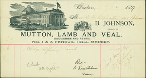 Billhead for B. Johnson, wholesaler and retailer of mutton, lamb and veal, Nos.1 & 3 Faneuil Hall Market, Boston, Mass., dated March 22, 1893