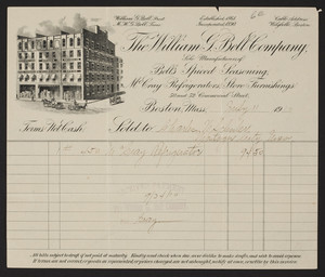 Billhead for The William G. Bell Company, refrigerators, 50 and 52 Commercial Street, Boston, Mass., dated July 11, 1910