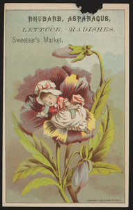 Trade card for Sweetser's Market, rhubarb, asparagus, lettuce, radishes, 6 Granite Street, Quincy, Mass., undated