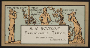 Trade card for E.N. Winslow, fashionable tailor, 505 Essex Street, Lawrence, Mass., 1877