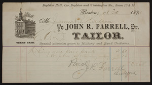 Billhead for John R. Farrell, Dr., tailor, Boylston Hall, corner Boylston and Washington Streets, Room 10 & 12, Boson, Mass., dated October 30, 1873