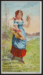 Trade card for Ayer's Cherry Pectoral, cures colds, coughs and all diseases of the throat and lungs, prepared by Dr. J.C. Ayer & Co., Lowell, Mass., undated