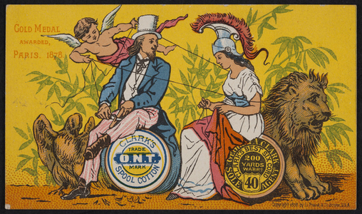 Trade card for Clark's O.N.T. Spool Cotton and Clark's Best Six Cord 40, location unknown, 1878