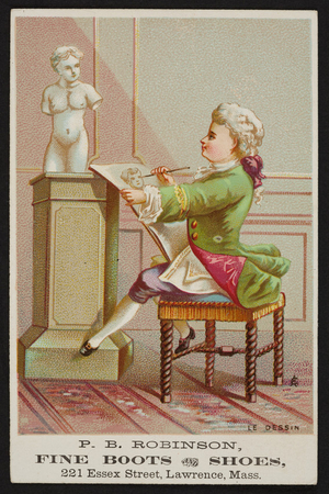 Trade card for P.B. Robinson fine boots and shoes, 221 Essex Street, Lawrence, Mass., undated