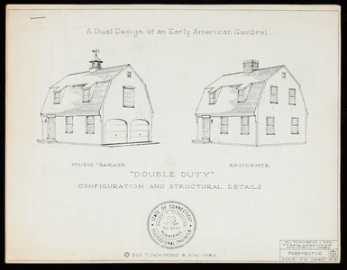 Dual design of an early American gambrel, studio/garage, residence, double duty configuration and structural details, design 980, Eli Townsend & Son, P.O. Box 6, Saugatuck Sta, Westport, Connecticut