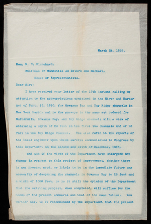 Thomas Lincoln Casey to N. C. Blanchard on behalf of the Secretary of War, March 24, 1892