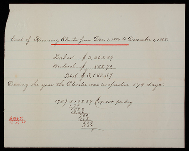 Cost of running elevator, December 1, 1885