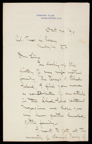 A. Howard Clark to Thomas Lincoln Casey, October 29, 1890