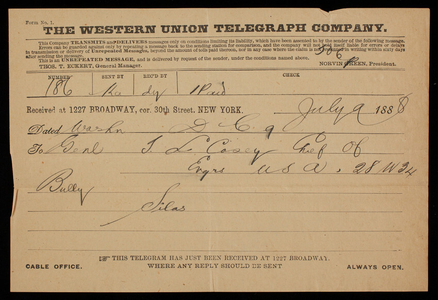Admiral Silas Casey to Thomas Lincoln Casey, July 9, 1888, telegram