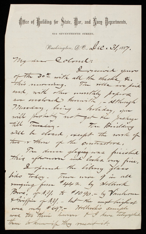 Bernard R. Green to Thomas Lincoln Casey, December 31, 1887