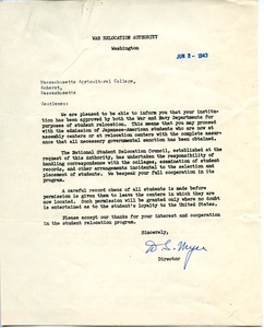 Letter from War Relocation Authority to Massachusetts State College
