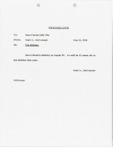 Memorandum to Jean-Claude Killy file
