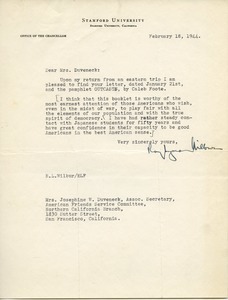 Letter from Ray Lyman Wilbur to Josephine W. Duveneck