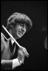 Ringo Starr on drums, in concert with the Beatles, Washington Coliseum