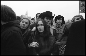 Anti-Vietnam War protesters huddled together during the Counter-inaugural demonstrations, 1969