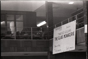 View of the mezzanine in the UMass Student Union with poster advertising a performance of the Glass Menagerie at Bartlett Hall
