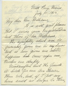 Letter from Florence Porter Lyman to Mrs. Williams