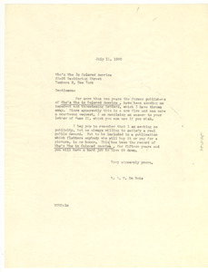 Letter from W. E. B. Du Bois to Who's Who in Colored America