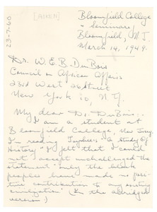 Letter from Isabel Aiken to W. E. B. Du Bois