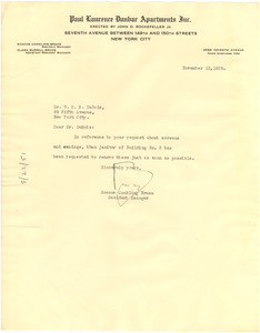 Letter from Paul Laurence Dunbar Apartments, Inc. to W. E. B. Du Bois