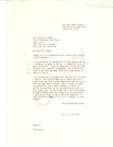 Letter from W. E. B. Du Bois to World Congress for Peace American Sponsoring Committee