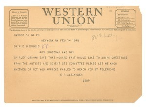 Telegram from E. R. Alexander to W. E. B. Du Bois