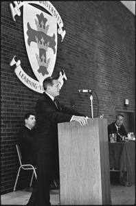 Governor Volpe and Elliot Richardson at Boston University: John Volpe standing at a podium