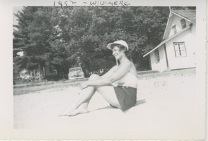 Bernice Kahn seated on the sand