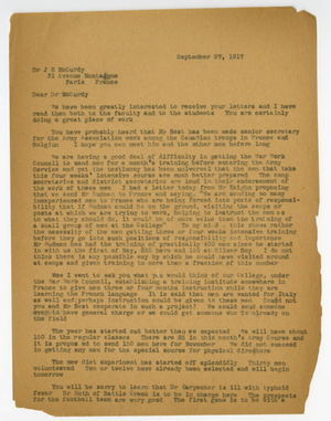 Letter from Laurence L. Doggett to James H. McCurdy (September 27, 1917)