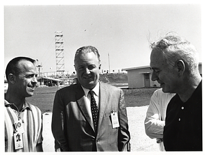 Alan Shepard, Mayor John F. Collins, and two unidentified men at Air Force Eastern Test Range, Cape Kennedy (now Cape Canaveral)