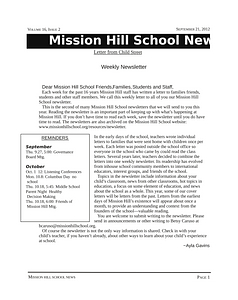 Mission Hill School newsletter, September 21, 2012