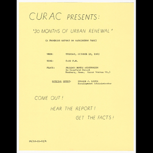 Flier for CURAC meeting on October 19, 1965, 30 months of urban renewal (a progress report on Washington Park)