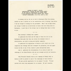 Address by Robert C. Weaver at the start of construction of Academy Homes in the Washington Park urban renewal area, Boston, Tiffany's Restaurant, 12:30 pm May 10, 1963